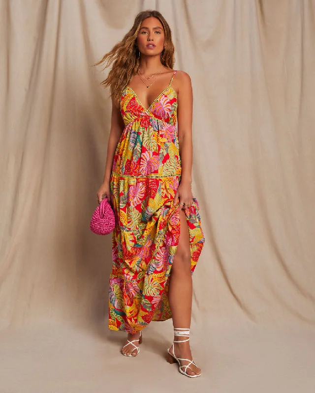 Limited Edition Fiji Tropical Tiered Lattice Trim Maxi Dress
