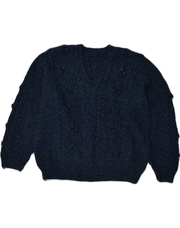 Shop and Save VINTAGE Womens V-Neck Jumper Sweater UK 22 3XL Navy Blue Flecked