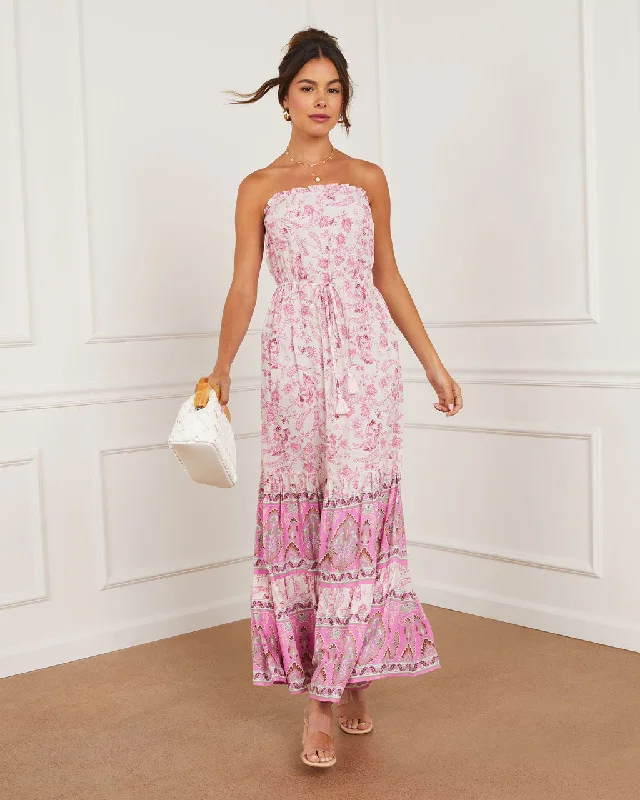 Year-End Clearance Fia Strapless Border Print Tie Waist Maxi Dress