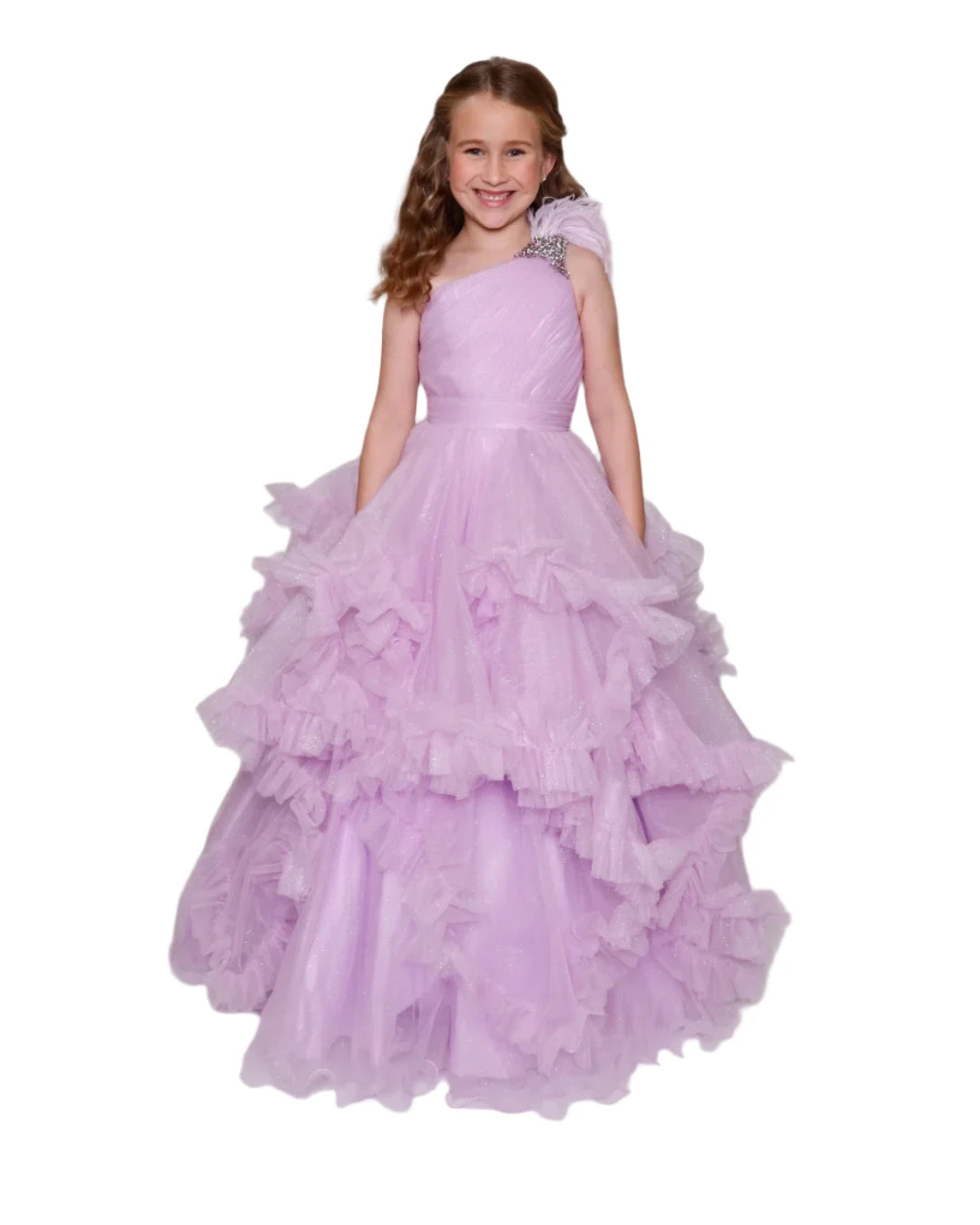 Early Bird Discount Ava Presley 39886 Size 4 Lilac Girls Pleated Ruffle Shimmer Pageant Dress Feather One Shoulder Formal Gown
