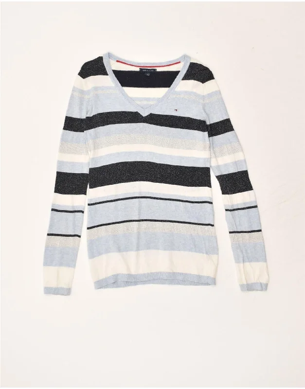 Deep Discounts TOMMY HILFIGER Womens V-Neck Jumper Sweater UK 2 2XS Blue Striped Cotton