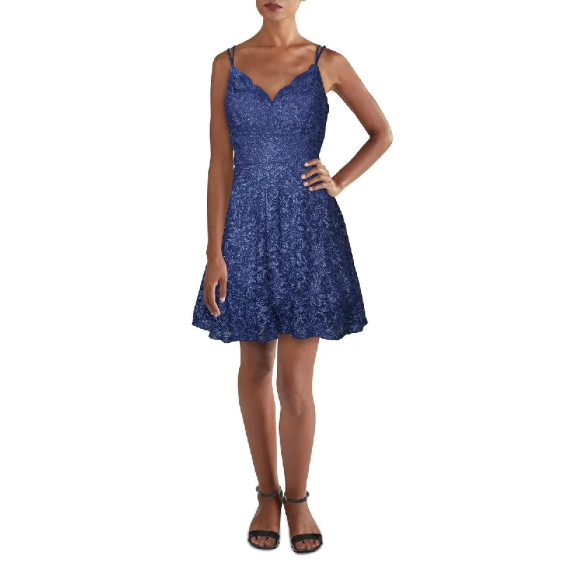 Bargain Bin Teeze Me Womens Juniors Metallic Lace Fit & Flare Dress