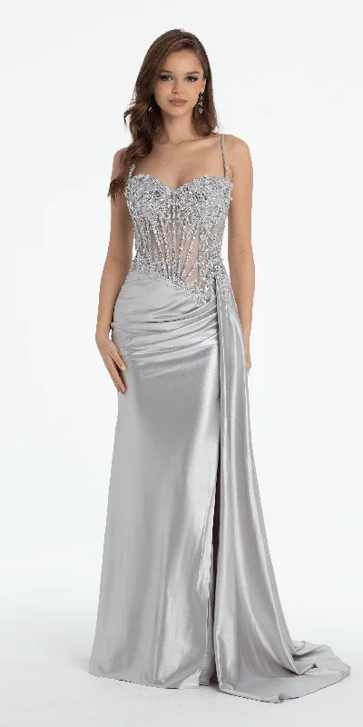 Sneak Peek Sale Sheer Embellished Satin Corset Trumpet Dress with High Slit
