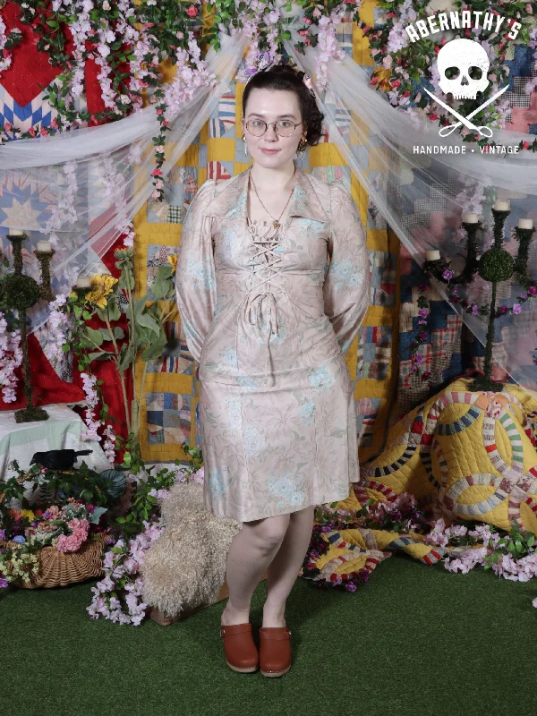 Today Only Vintage 1970s Taupe Floral Lace-Up Dress