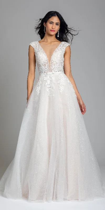 Special Price Illusion Cap Sleeve Plunging Glitter Ballgown