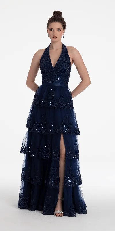 Bonus Savings Mesh Embroidered Tired Halter A Line Dress