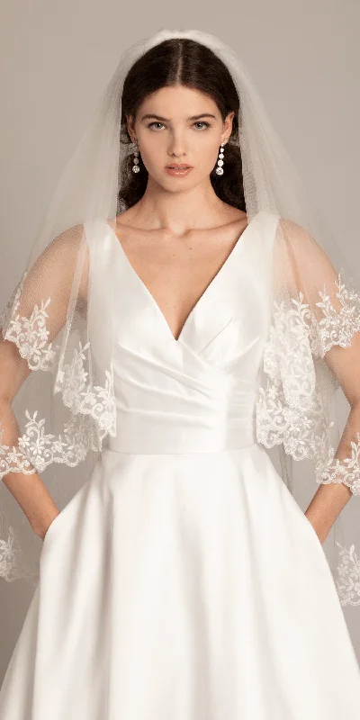Exclusive Offers 2 Tier Mesh Fingertip Veil with Pearl Appliques