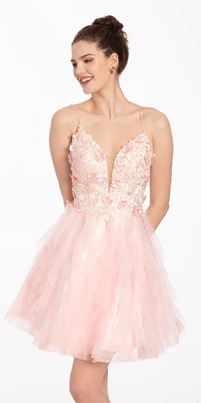 Deal of the Week Plunging 3D Floral Embroidered Fit and Flare Ruffle Dress