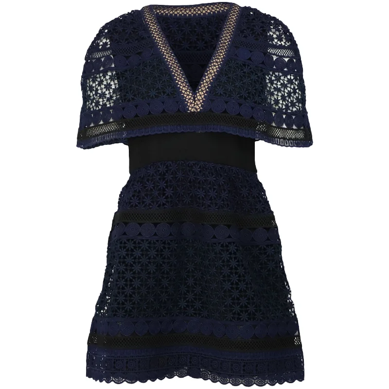 Best Deals Self-Portrait Guipure Lace Cape Dress in Blue Polyester