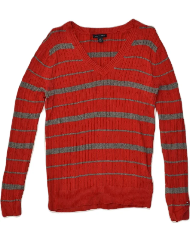 Price Rollback TOMMY HILFIGER Womens V-Neck Jumper Sweater UK 12 Medium Red Striped