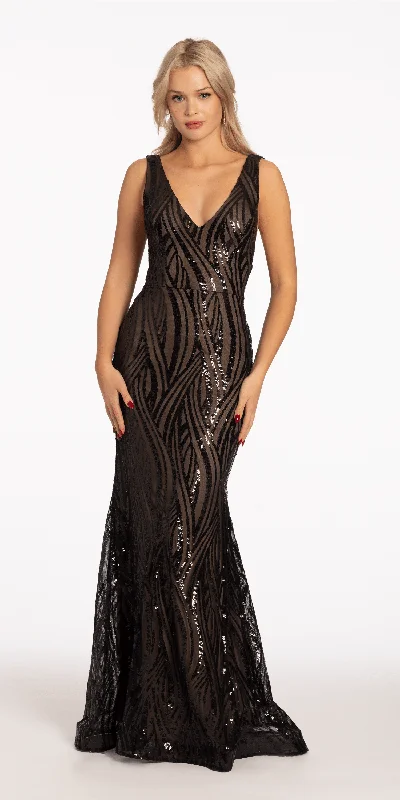 Must-Have Deals Sequin V Back Trumpet Dress with Illusion Side Panels