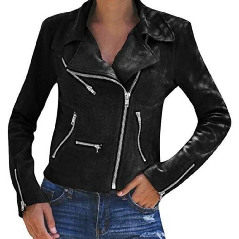 Members Only Lapel inclined multiple zipper short coat