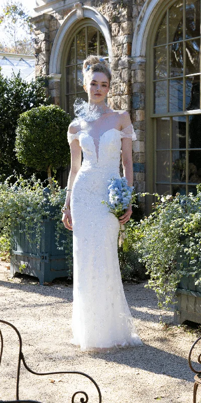 Daily Deals Off the Shoulder Tulle Plunging Beaded Trumpet Dress