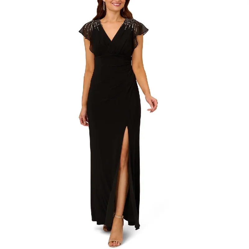 Exclusive Preview Adrianna Papell Womens Embellished Faux Wrap Evening Dress
