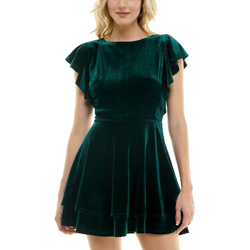 Limited Stock Crystal Doll Womens Juniors Velvet Flutter Sleeves Fit & Flare Dress