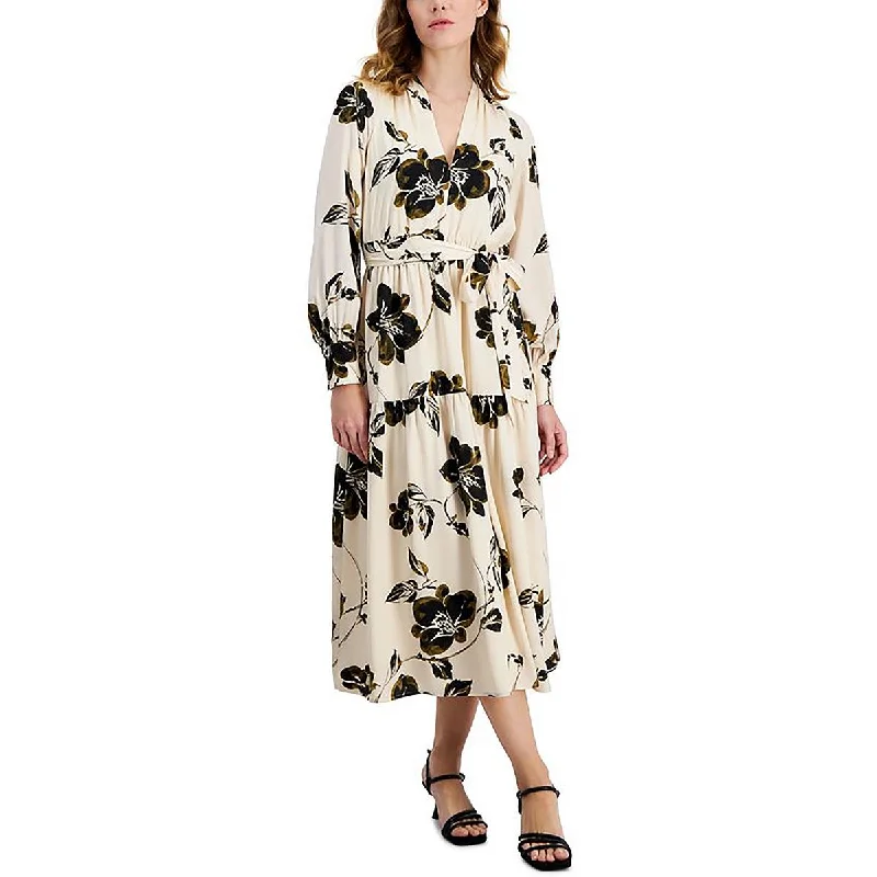 New Markdowns Anne Klein Womens Tiered Printed Midi Dress