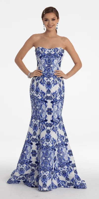 Price Drop Abstract Paisley Strapless Mikado Mermaid Dress