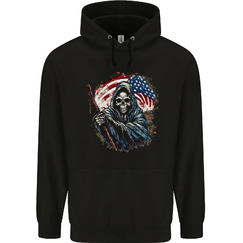 Loyalty Reward Grim Reaper USA Flag America Skull Mens 80% Cotton Hoodie