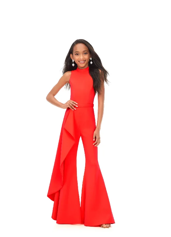 Time-Limited Offer Ashley Lauren Kids 8158 Size  12 Neon Orange Girls Pageant Jumpsuit with Ruffle Side Scuba High Neckline