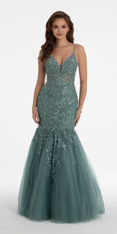 Year-End Sale Vine Embellished Mesh Corset Plunging Mermaid Dress