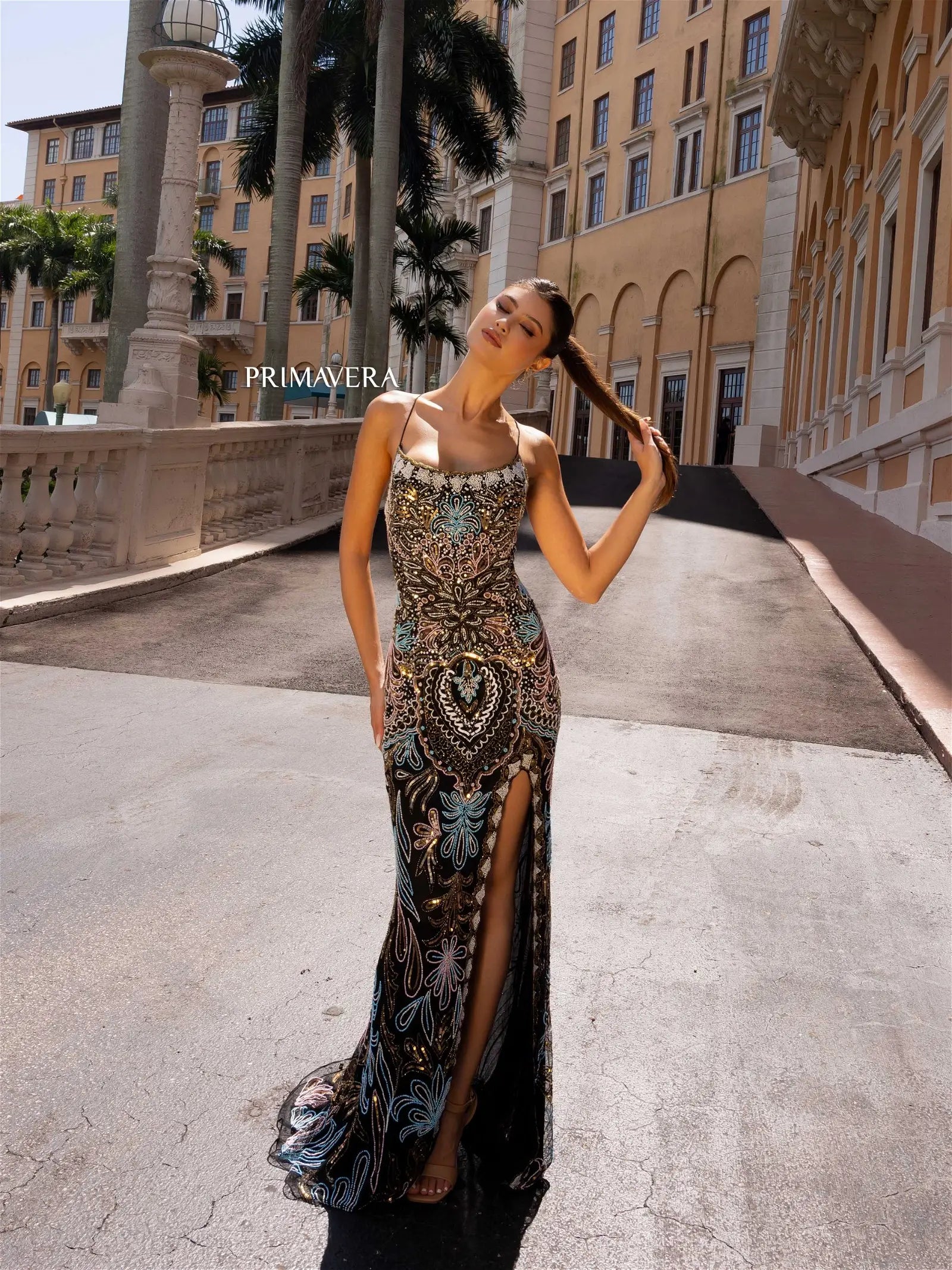 Deal Explosion Primavera Couture 4156 Size 000, 8 Black Long Prom Dress Scoop Neck Fitted Sequin Lace Up Back High Slit Formal Pageant Gown