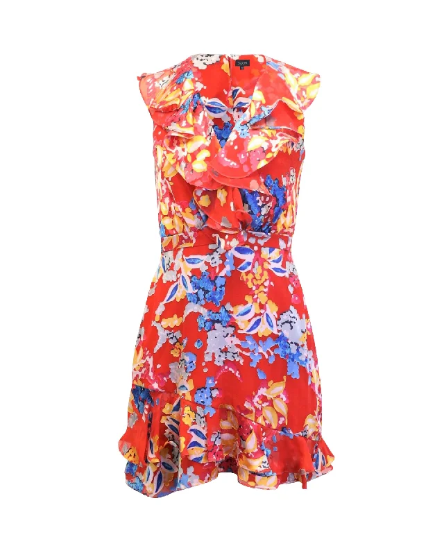 Deal Alert Saloni Floral Print Ruffled Mini Dress in Red Silk