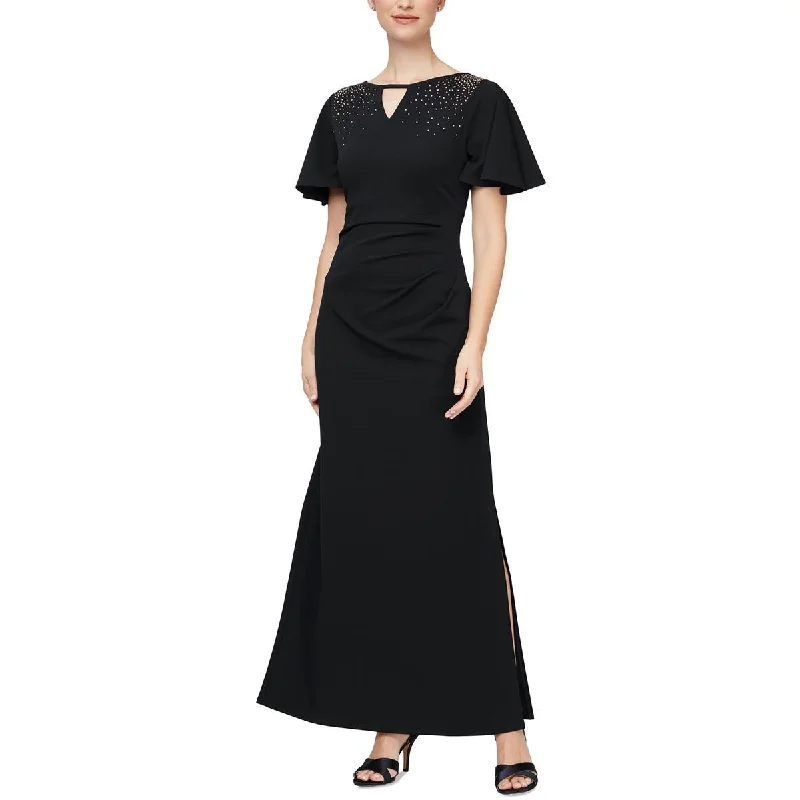 Limited Edition SLNY Womens Petites Embellished Flutter Sleeve Evening Dress