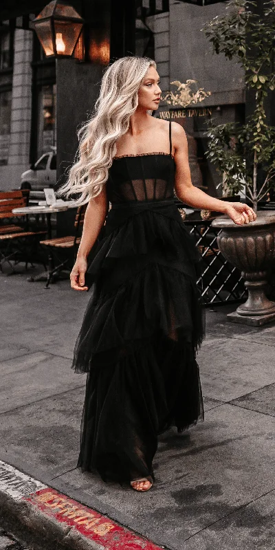 Exclusive Deal Sheer Mesh Corset Tiered A Line Dress