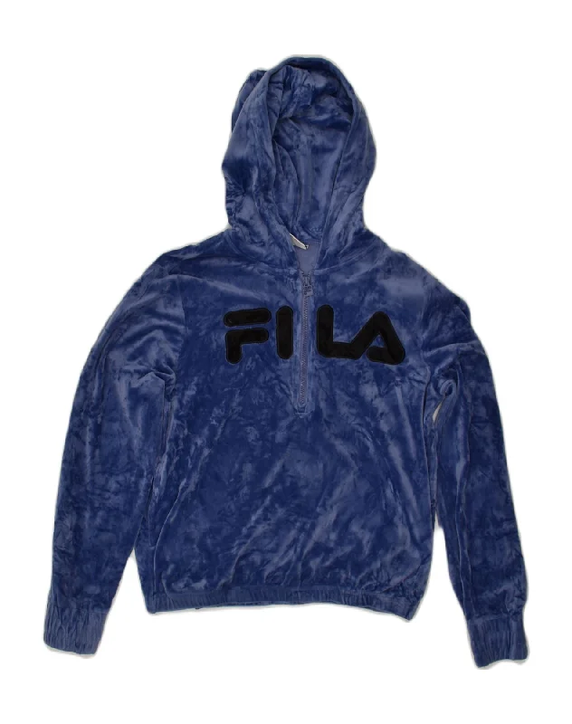 Act Now FILA Womens Velour Graphic Hoodie Jumper UK 6 XS Blue Polyester