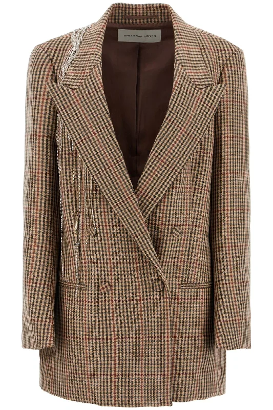Markdowns Blink Plaid Blazer With Crystal Chains  - Beige