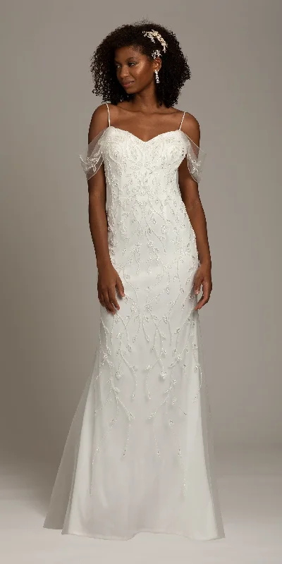 Super Sale Beaded Mesh Drape Off the Shoulder Dress