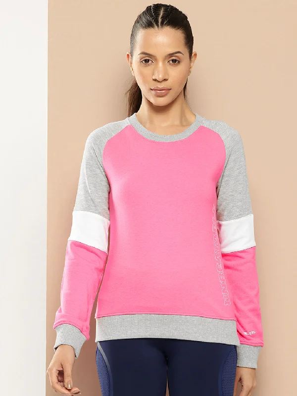 Exclusive Savings Alcis Women Pink Grey Melange Colourblocked Cotton Sweatshirt with Side Applique Prints