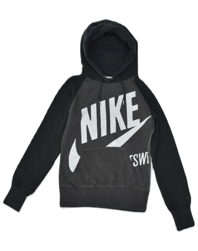 Anniversary Sale NIKE Womens Graphic Hoodie Jumper UK 4 XS Grey Colourblock Cotton
