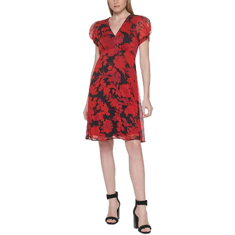 Time-Limited Offer Calvin Klein Womens Empire Waist Puff Sleeves Fit & Flare Dress