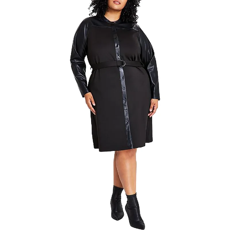 Anniversary Sale Calvin Klein Womens Plus Knee-Length Mixed Media Shirtdress