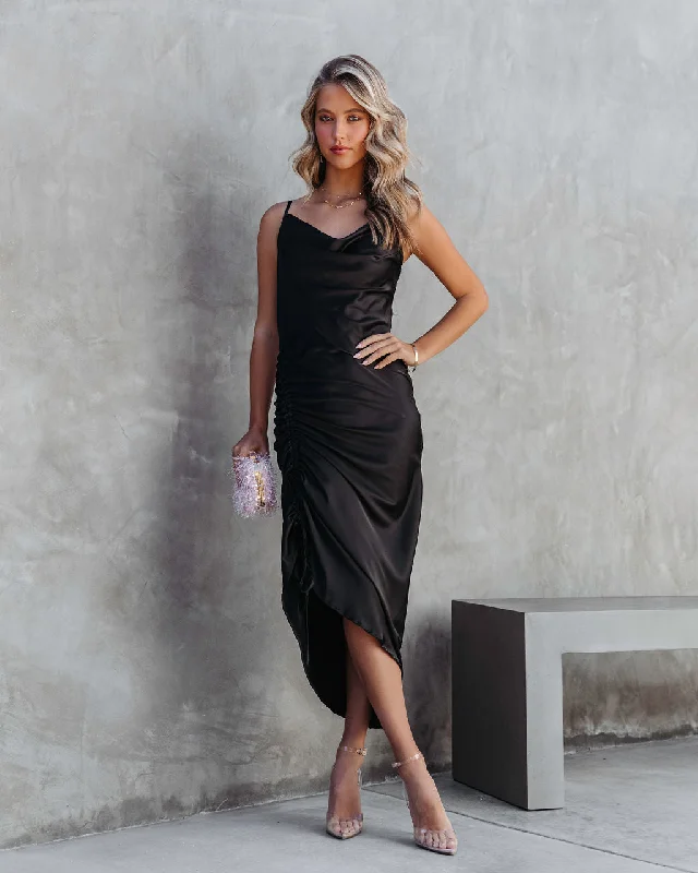 Fantastic Offers Juliana Satin Cowl Neck Ruched Asymmetrical Maxi Dress