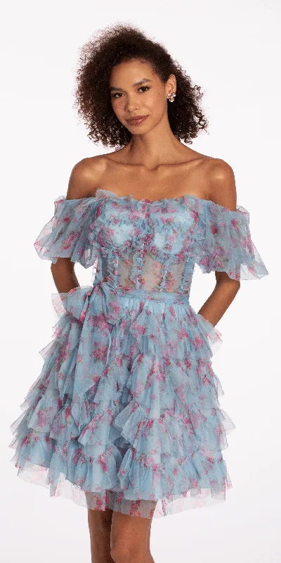 Savings Galore Mesh Print Off the Shoulder Ruffle Fit and Flare Dress