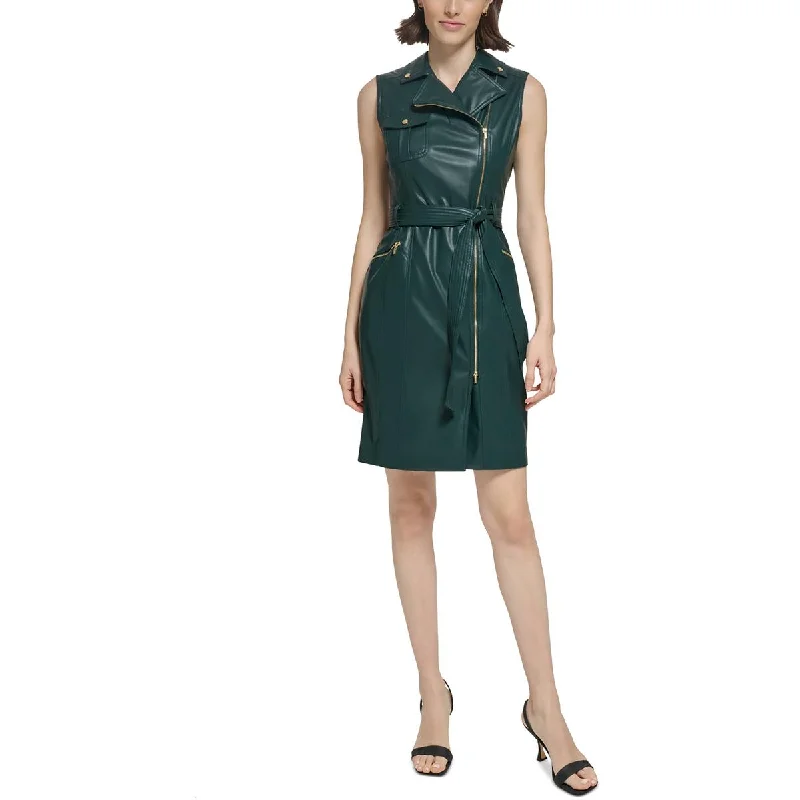 Fantastic Offers Calvin Klein Womens Moto Faux Leather Wear To Work Dress