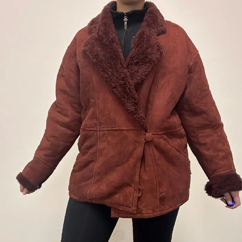 Steals and Deals Anne Klein Red Shearling Suede Sheepskin Coat - UK 12