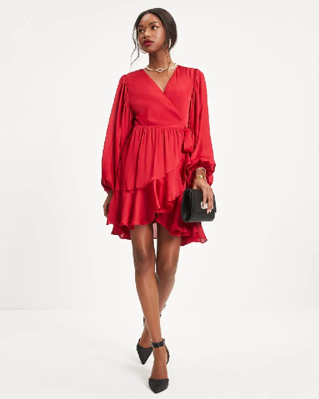 Steals and Deals Whitney Satin Wrap Ruffle Mini Dress