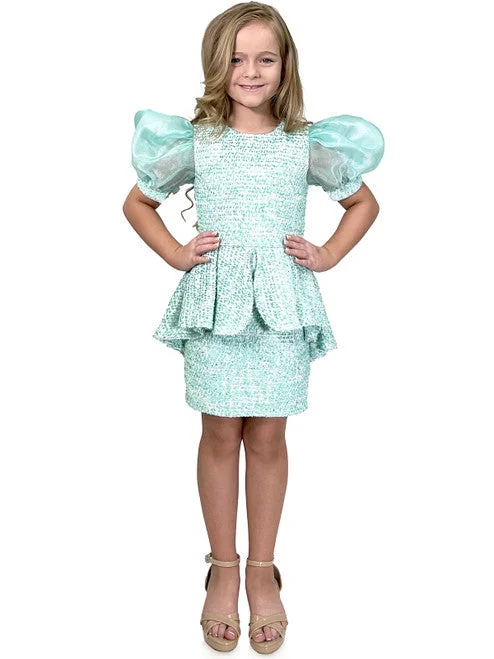 Super Sale Marc Defang 5141 Girls Short Tweed Puff Sleeve Interview Formal Dress Ruffle Pageant Wear
