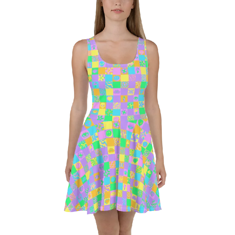 Price Cut Pastel Psychedelic Squares Skater Dress