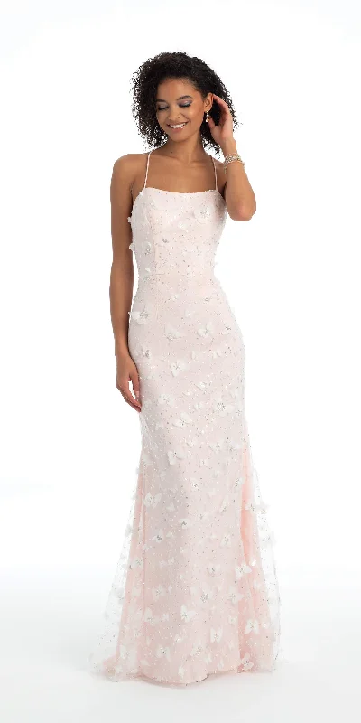 Closeout Mesh 3D Butterfly Lace Up Back Trumpet Dress