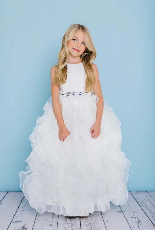 Seasonal Clearance Rosebuds 5122 Size 6 Ivory Long Ruffle Flower Girl Dress Embellished Belt First Communion