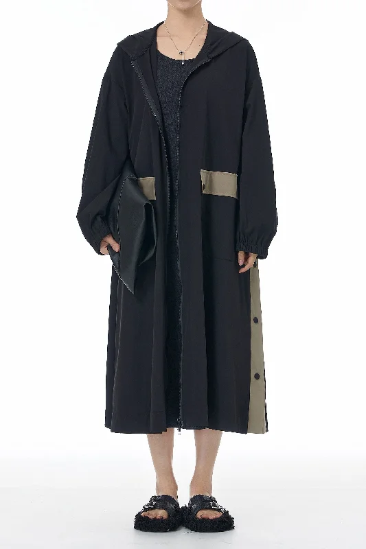 Deal Frenzy SnapHood Black Zippered Trench Coat
