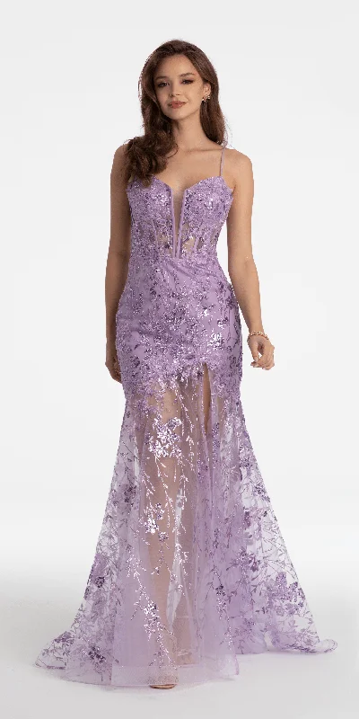 Act Now Embroidered Plunging Corset Dress with Sheer Trumpet Skirt