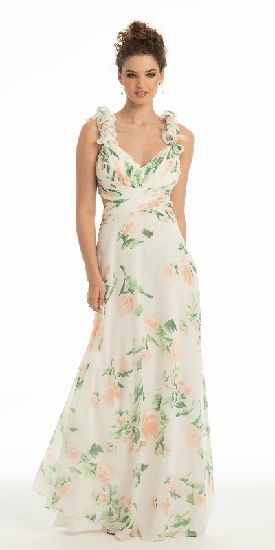 Deal Zone Chiffon Floral Print Ruffle Lace Up Back Dress