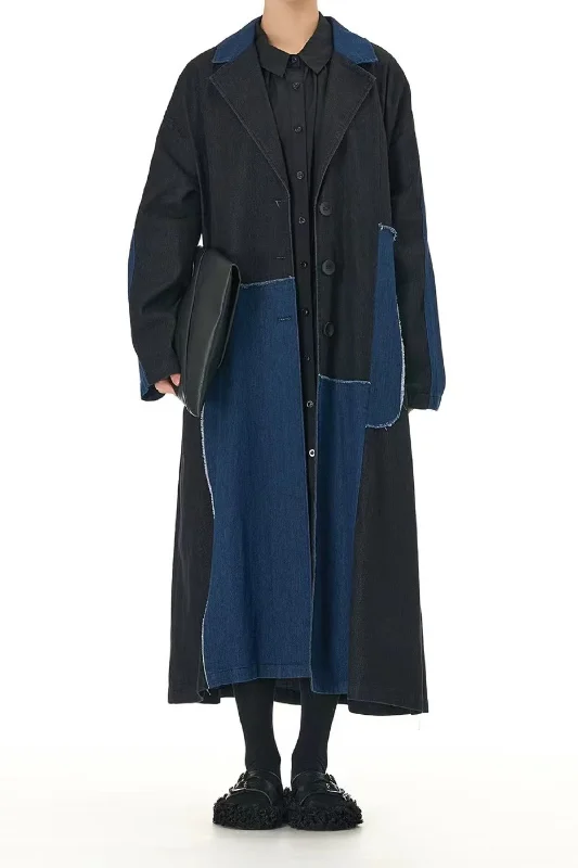 Online Exclusive Patchwork Denim Long Trench Coat