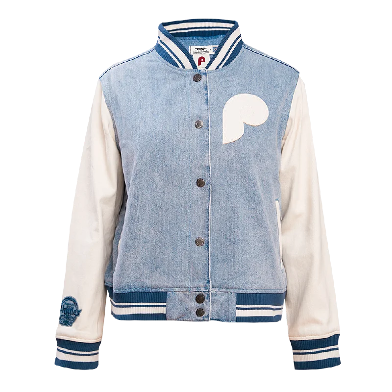 Super Sale CHAMARRA DE MEZCLILLA MLB PHILADELPHIA PHILLIES VARSITY BLUES PARA MUJER