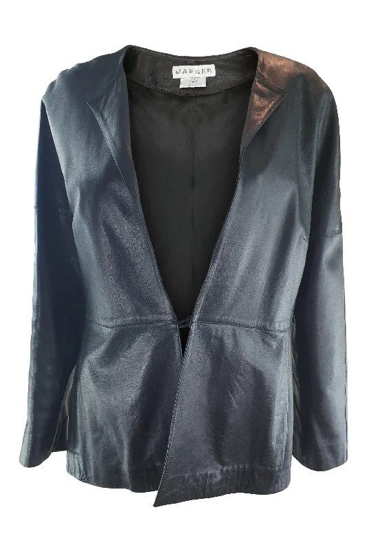 Buy Now JAEGER Black Leather Single Breasted Minimalist Jacket (UK 12)
